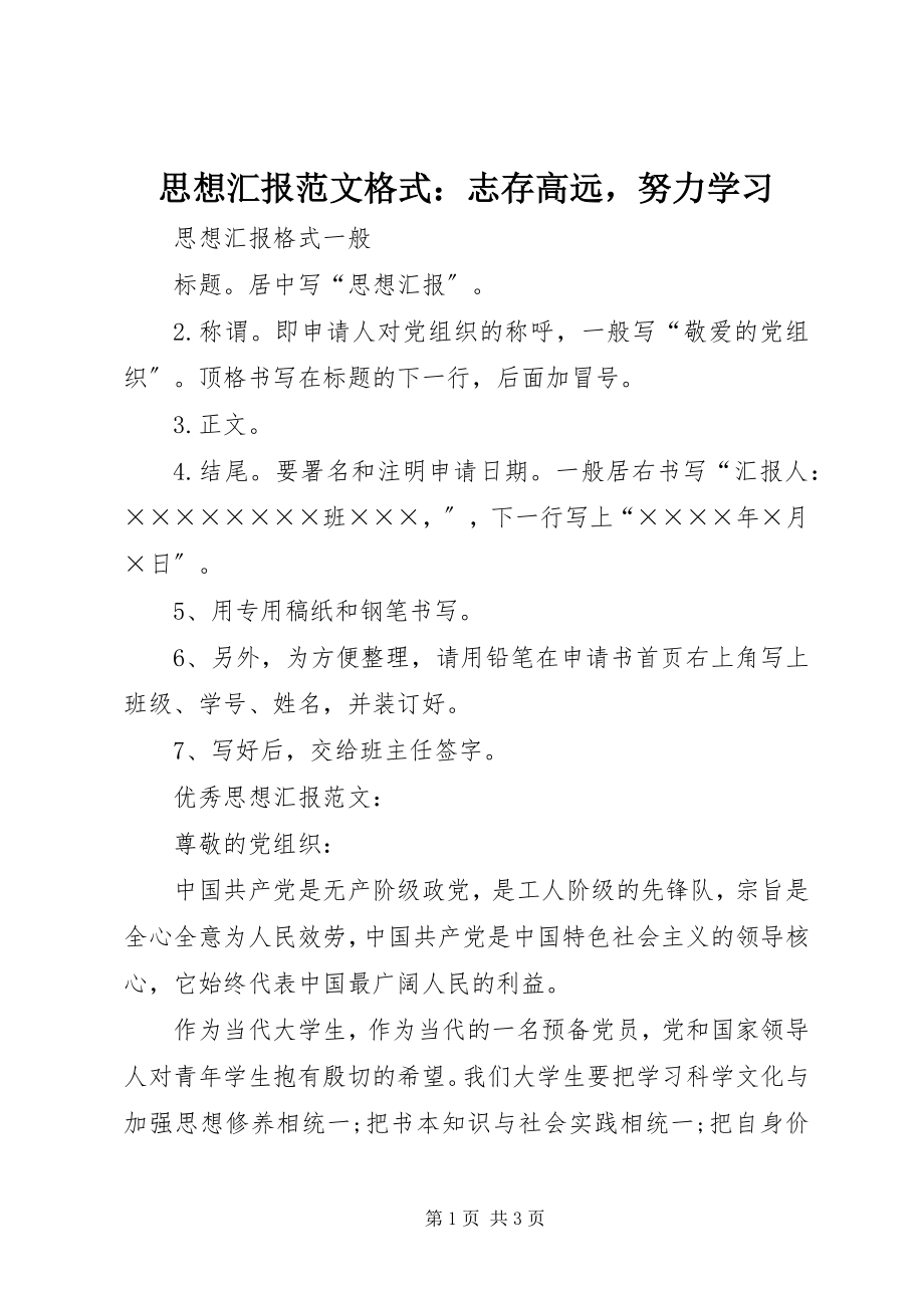 2023年思想汇报格式志存高远努力学习2.docx_第1页