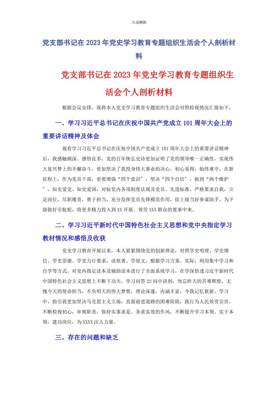 2023年党支部书记在党史学习教育专题组织生活会个人剖析材料.docx_第1页