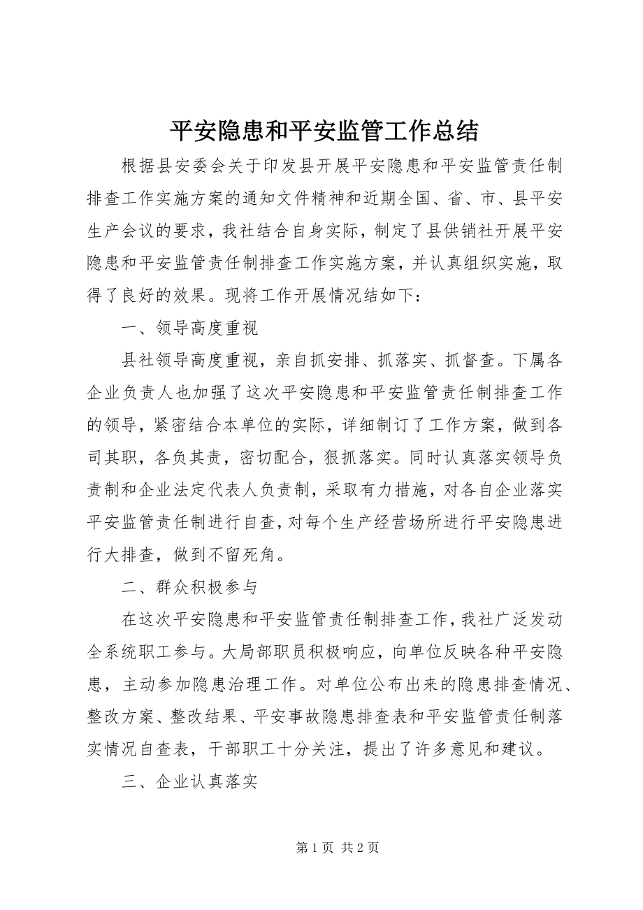 2023年安全隐患和安全监管工作总结新编.docx_第1页