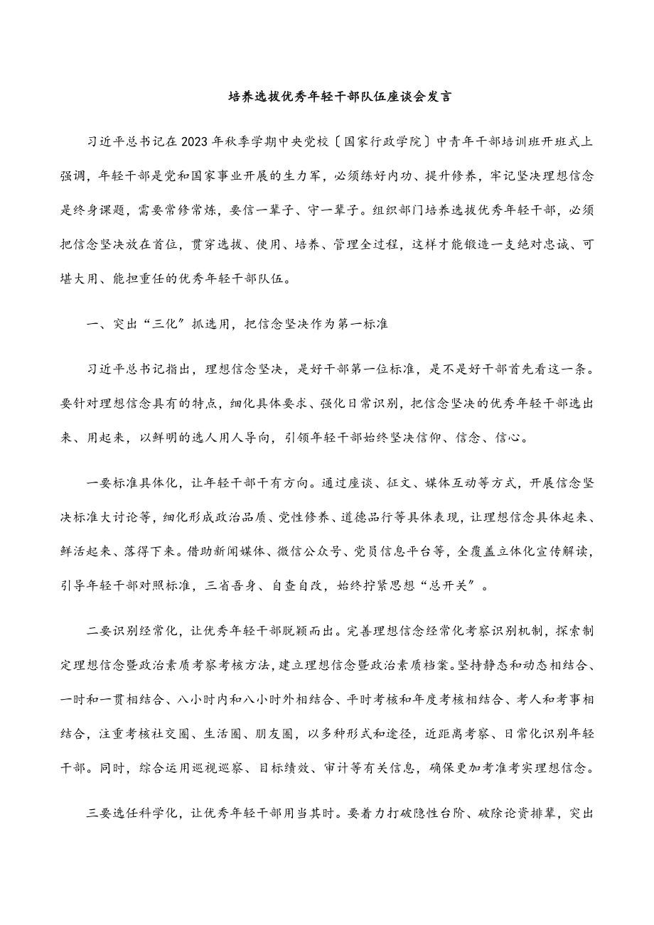 2023年培养选拔优秀年轻干部队伍座谈会发言.docx_第1页