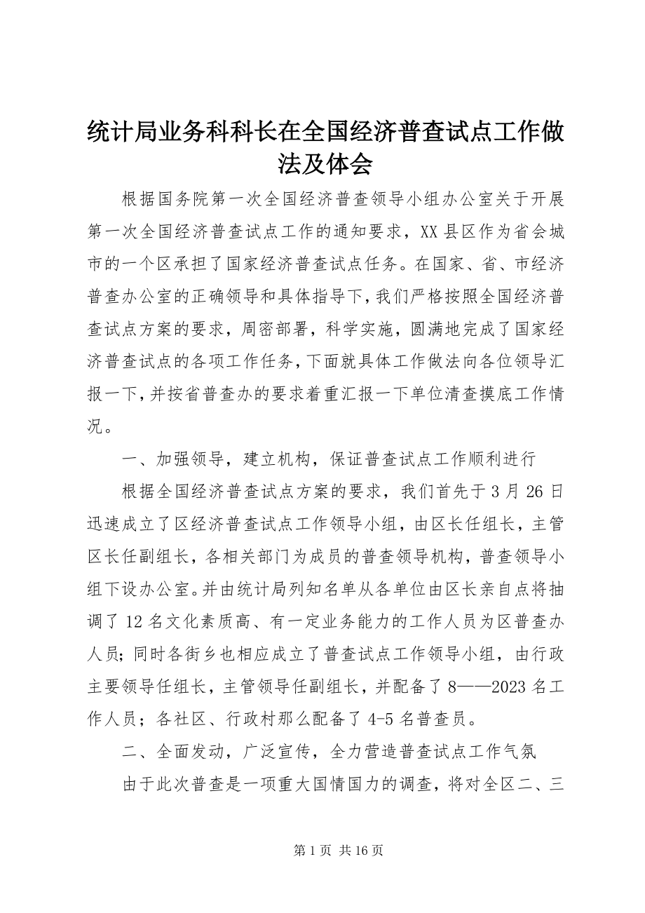 2023年统计局业务科科长在全国经济普查试点工作做法及体会.docx_第1页