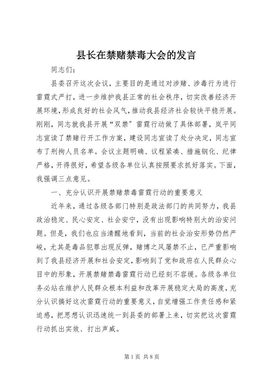 2023年县长在禁赌禁毒大会的讲话.docx_第1页