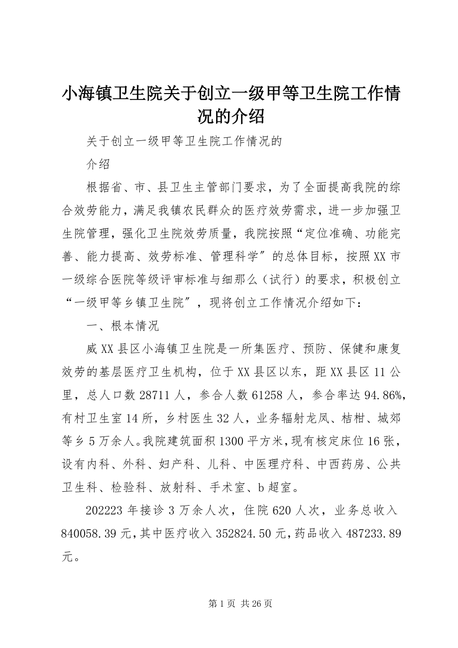 2023年小海镇卫生院关于创建一级甲等卫生院工作情况的介绍.docx_第1页