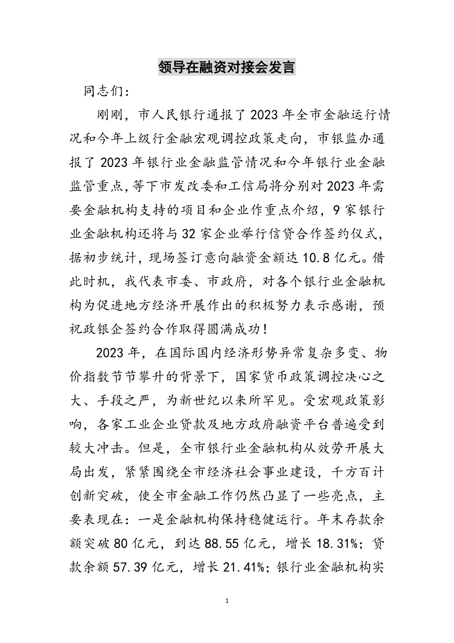 2023年领导在融资对接会发言范文.doc_第1页