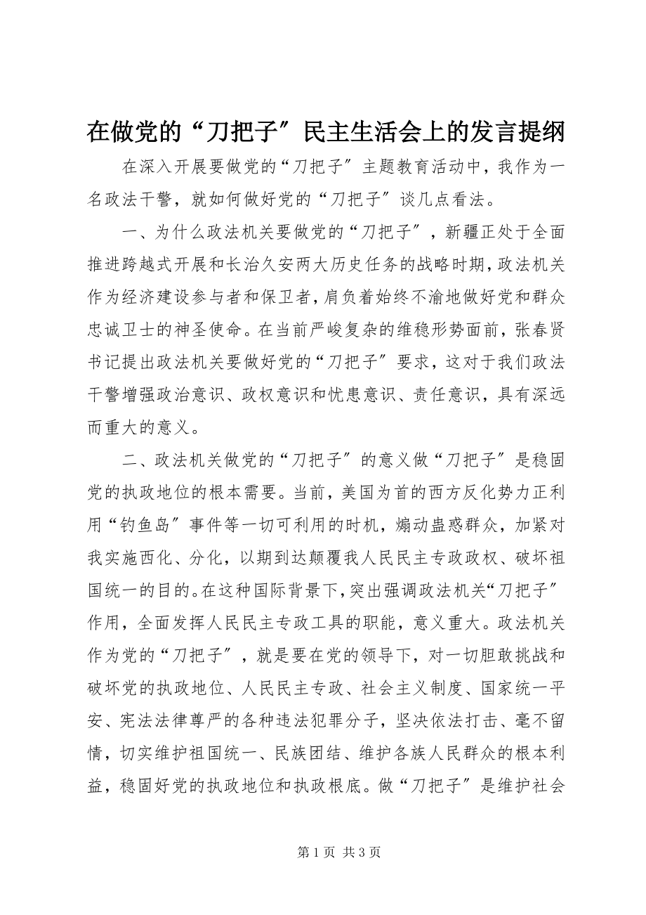 2023年在做党的“刀把子”民主生活会上的讲话提纲.docx_第1页