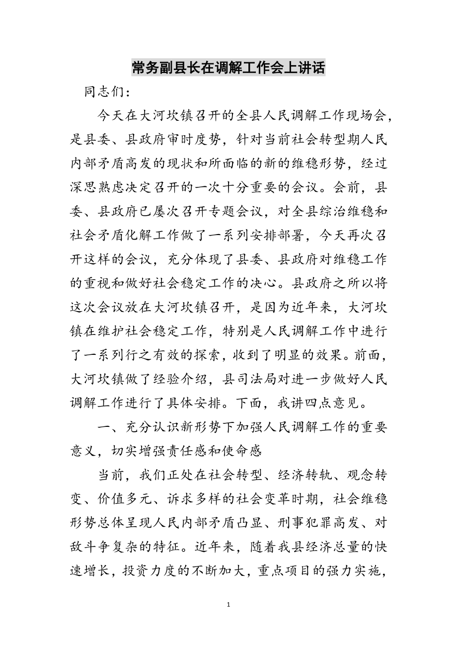 2023年常务副县长在调解工作会上讲话范文.doc_第1页