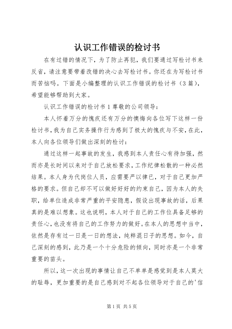 2023年认识工作错误的检讨书.docx_第1页