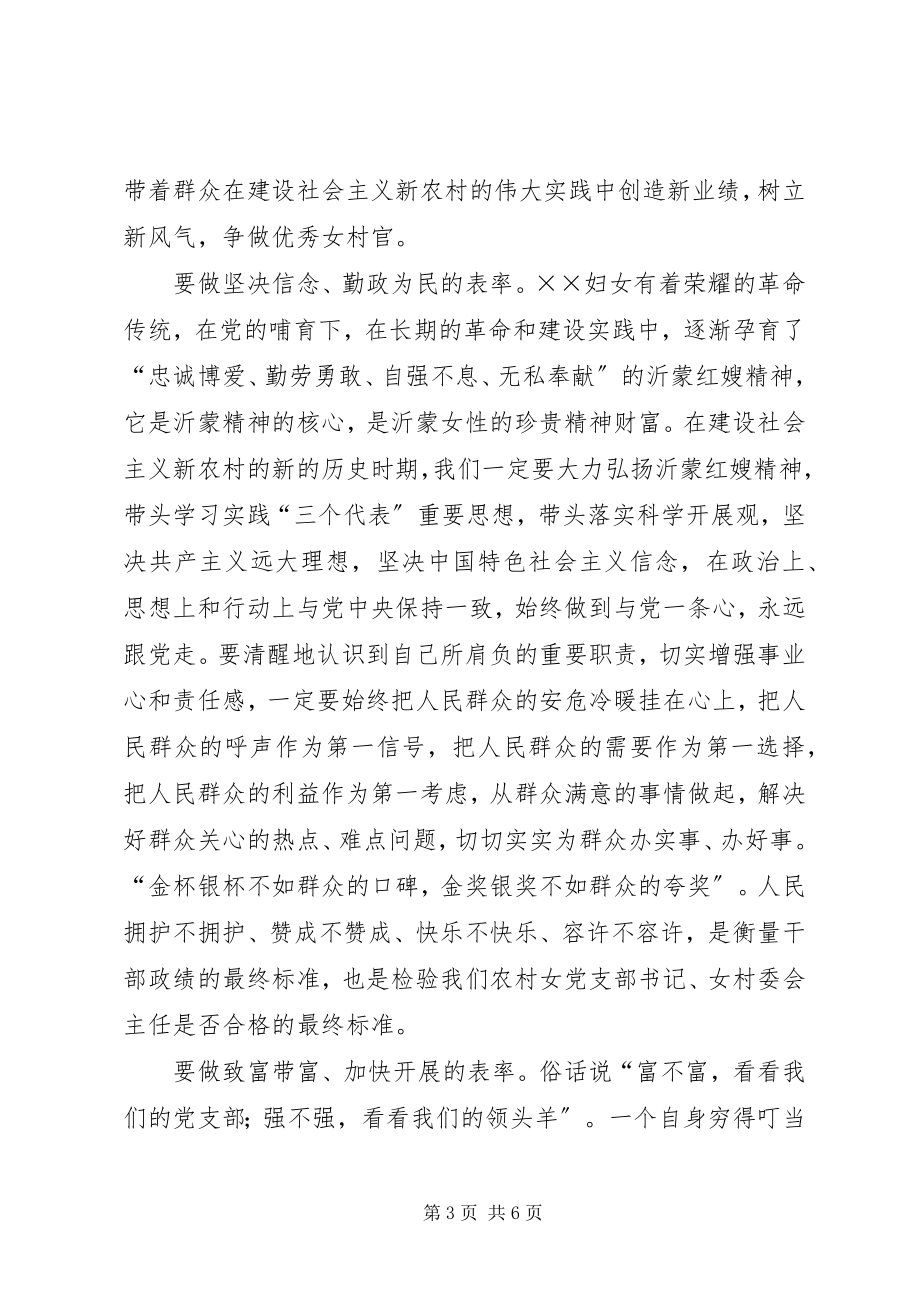 2023年在全市女村官共话新农村建设研讨会上的致辞.docx_第3页