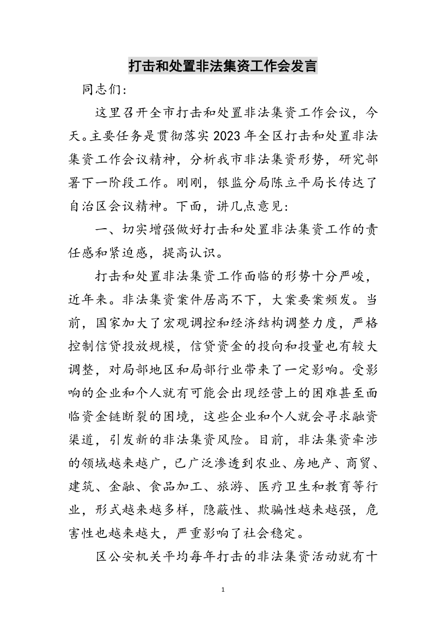 2023年打击和处置非法集资工作会发言范文.doc_第1页