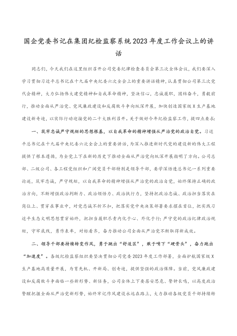 国企党委书记在集团纪检监察系统2023年度工作会议上的讲话.docx_第1页