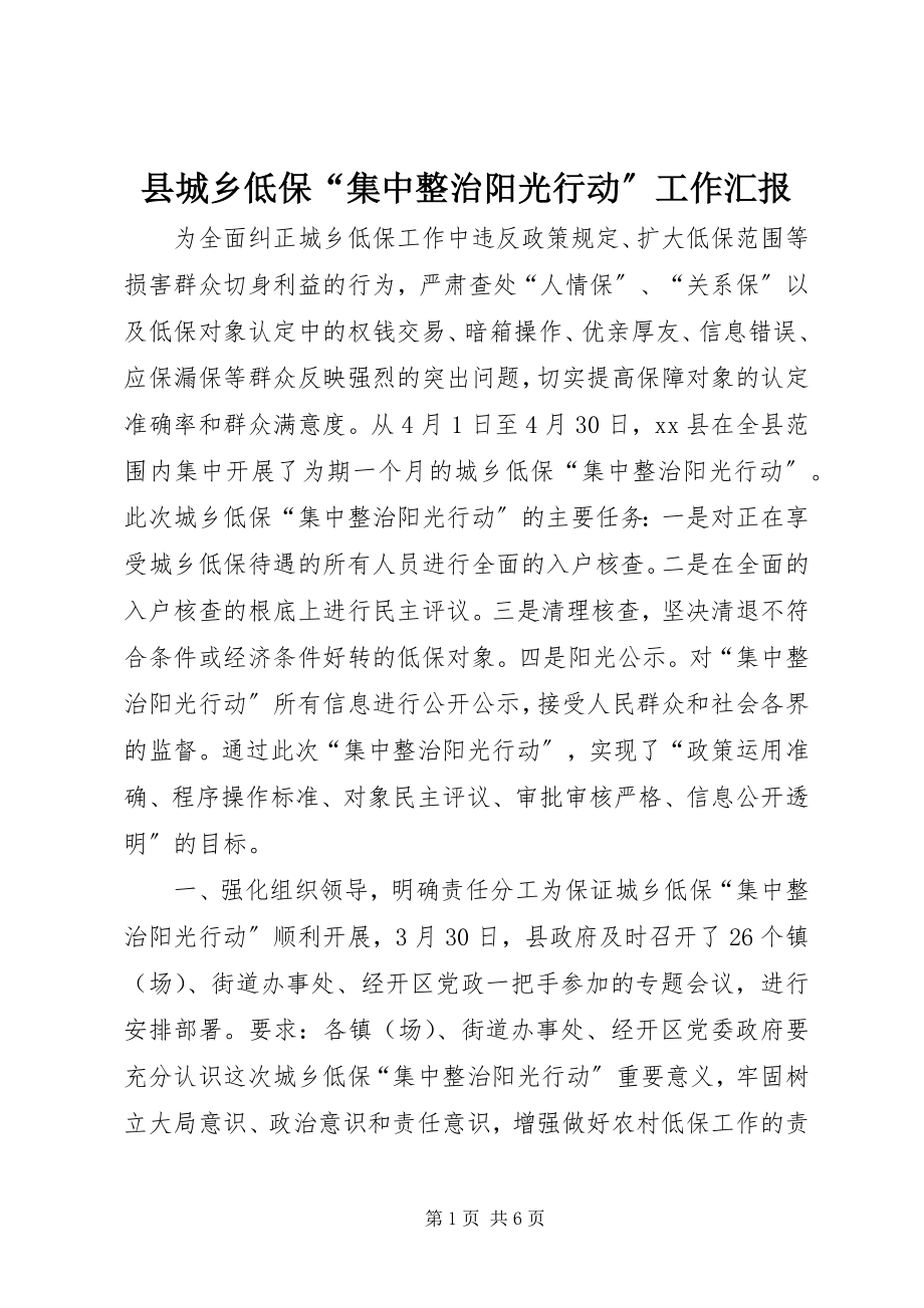 2023年县城乡低保“集中整治阳光行动”工作汇报.docx_第1页