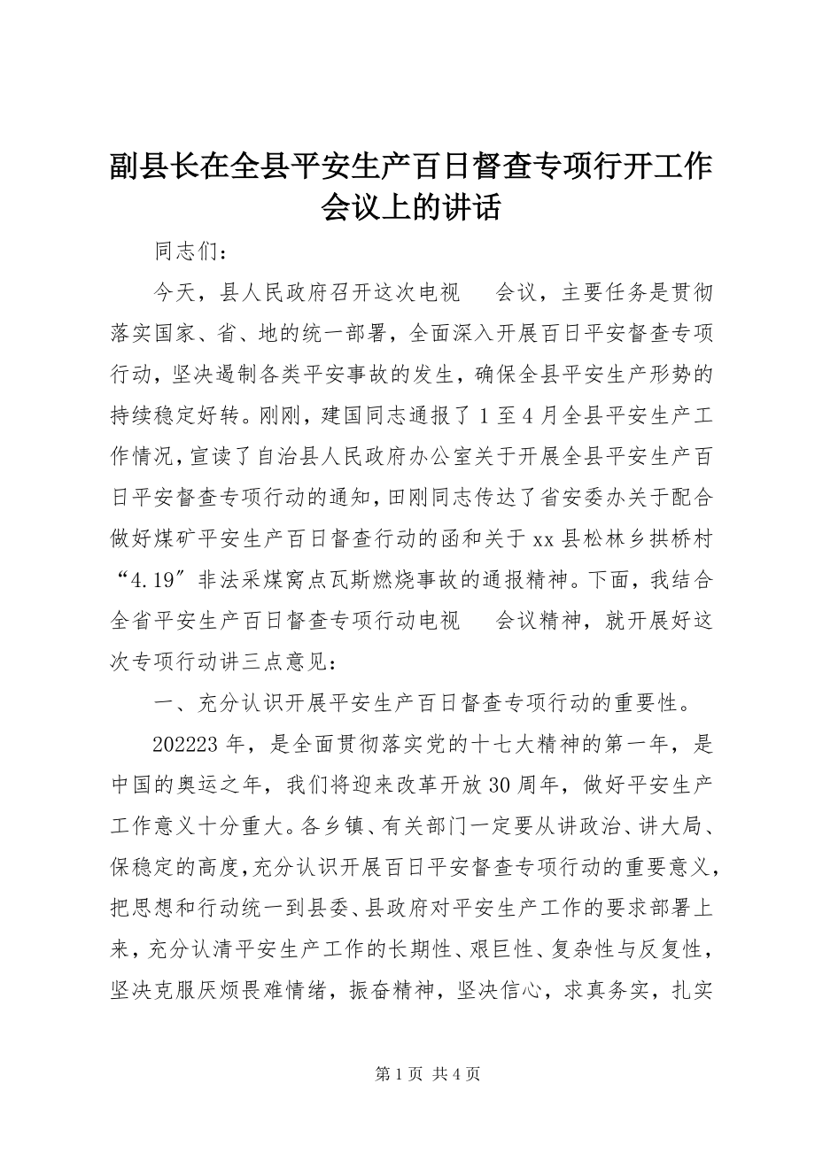 2023年副县长在全县安全生产百日督查专项行动工作会议上的致辞.docx_第1页