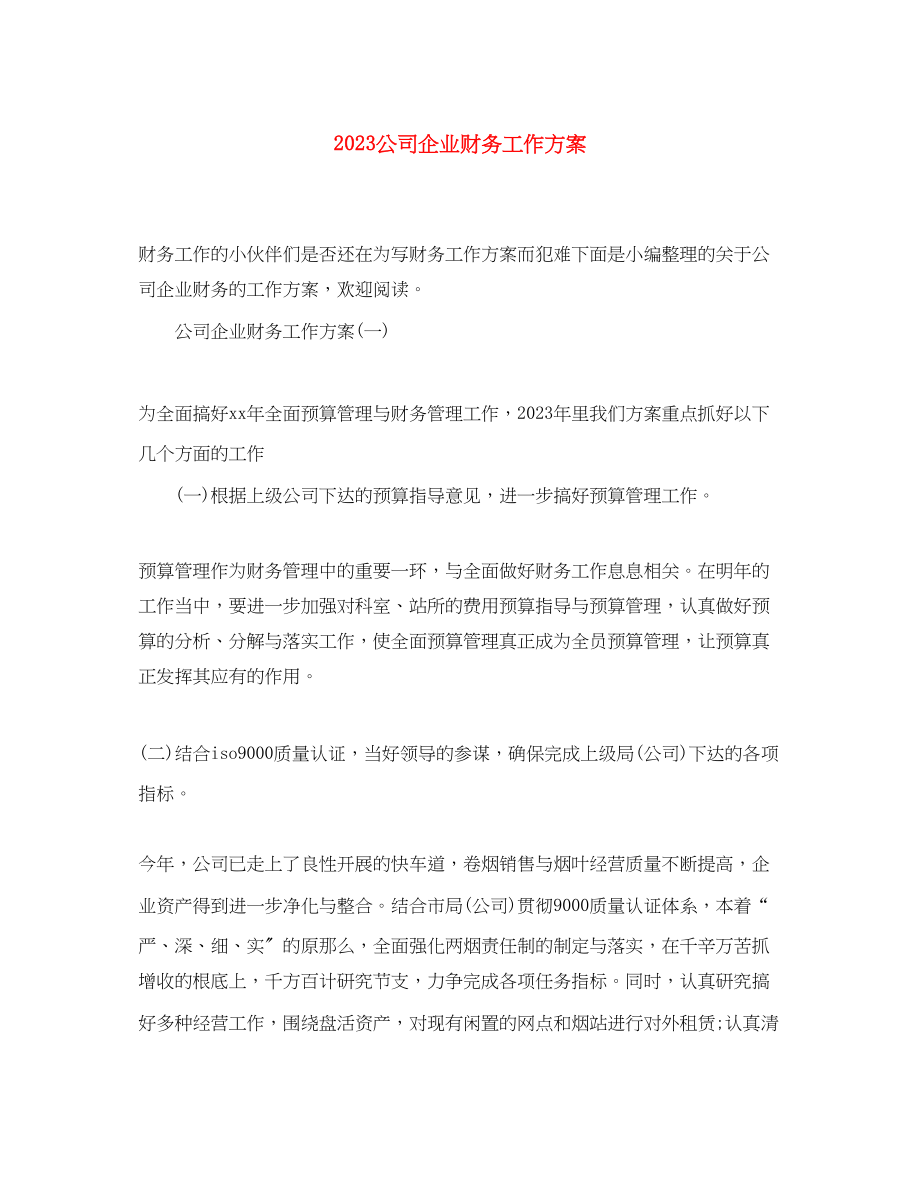 2023年公司企业财务工作计划.docx_第1页