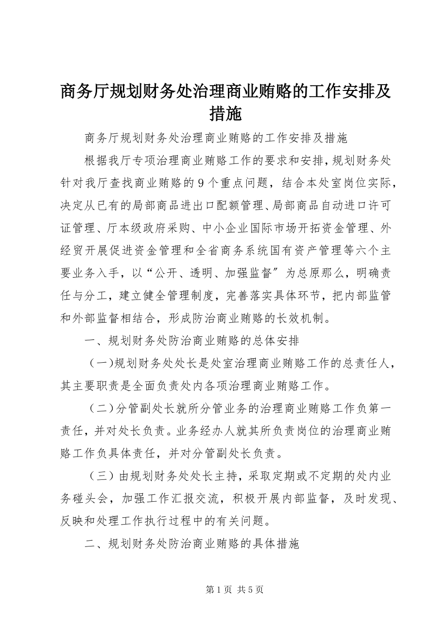 2023年商务厅规划财务处治理商业贿赂的工作安排及措施.docx_第1页