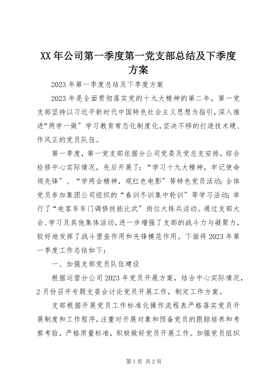 2023年公司第一季度第一党支部总结及下季度计划.docx_第1页