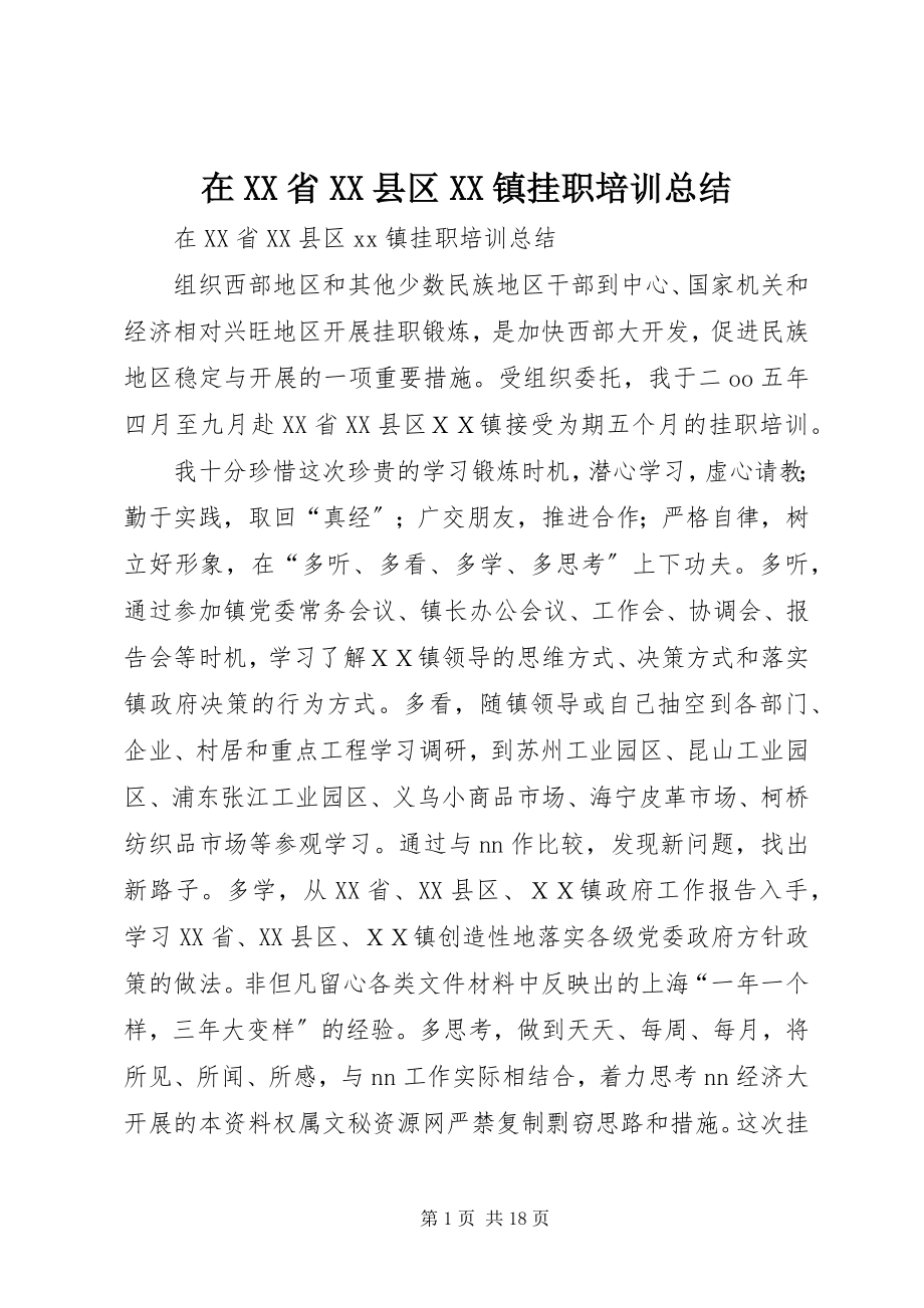 2023年在XX省XX县区XX镇挂职培训总结.docx_第1页