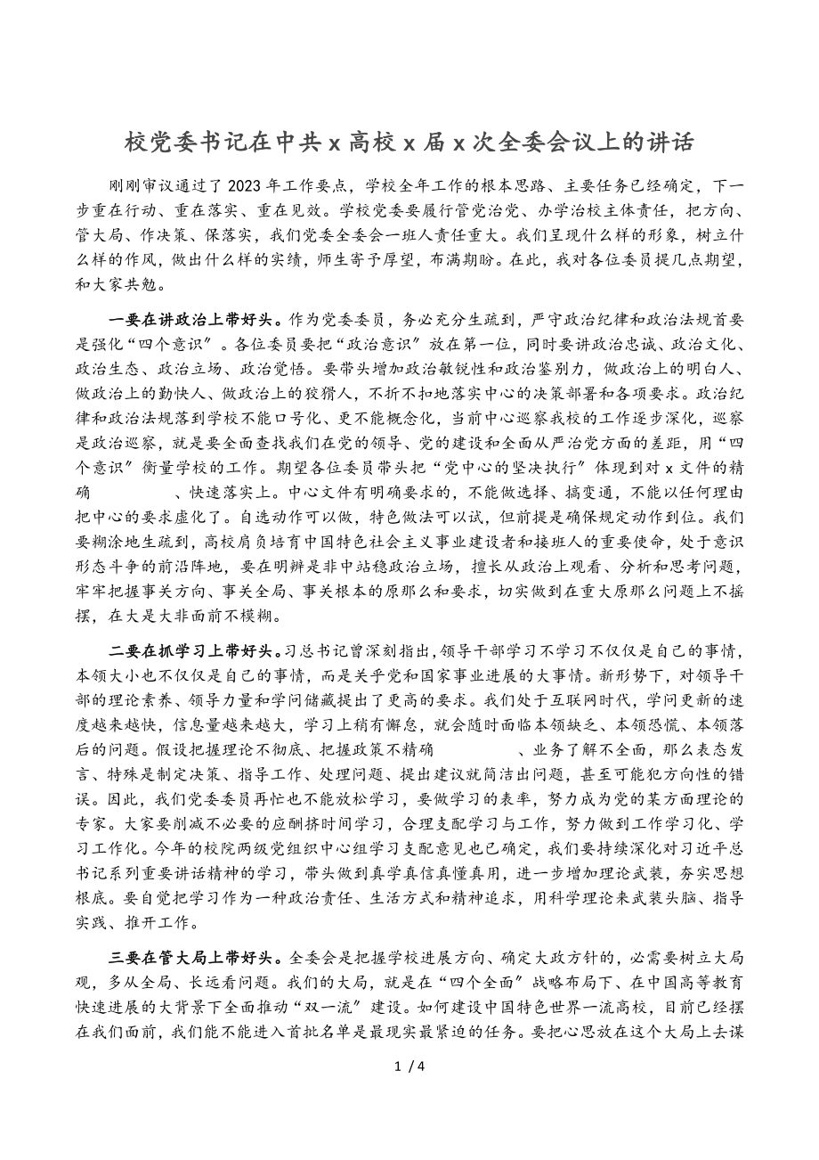 2023年校党委书记在中共X大学X届X次全委会议上的讲话.doc_第1页