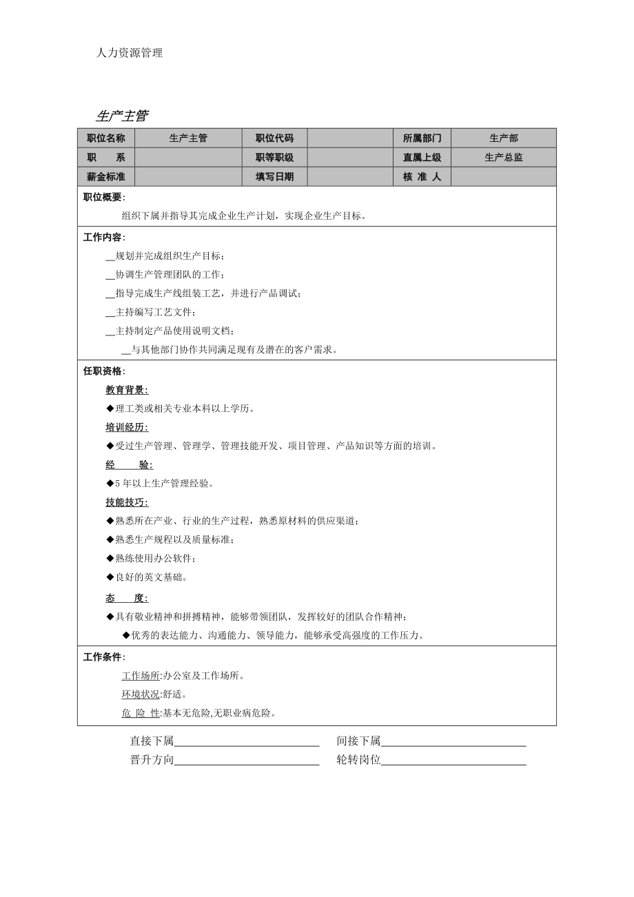 人力资源管理 企业管理 岗位说明 生产主管.docx_第1页