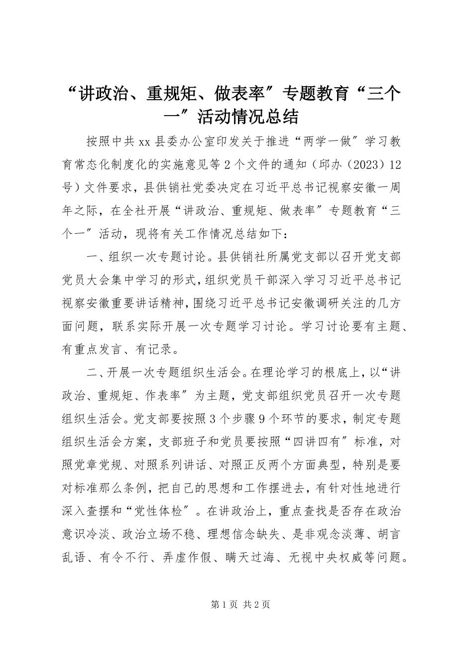 2023年讲政治重规矩做表率专题教育三个一活动情况总结.docx_第1页