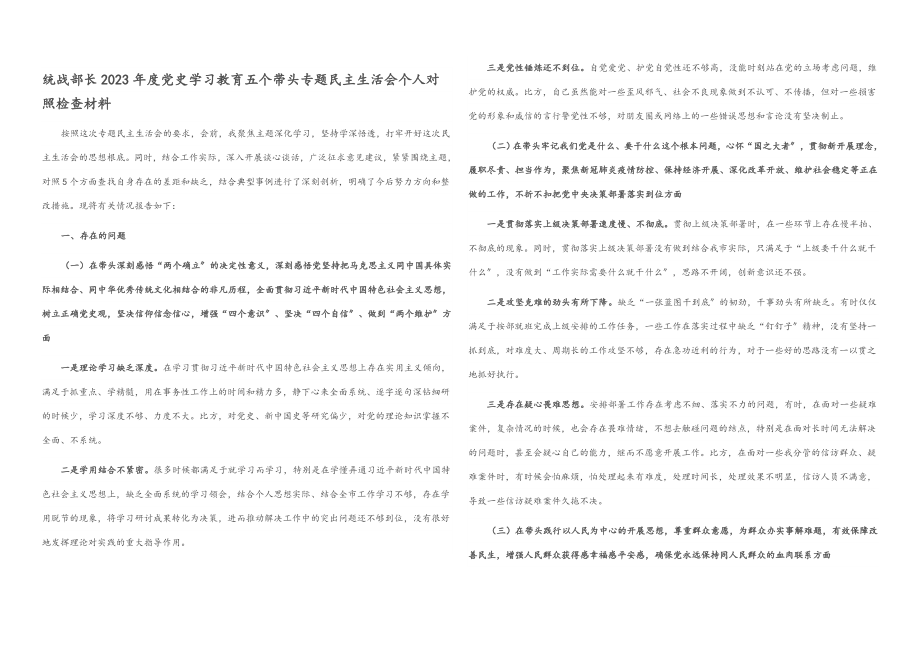 统战部长2023年度党史学习教育五个带头专题民主生活会个人对照检查材料.docx_第1页