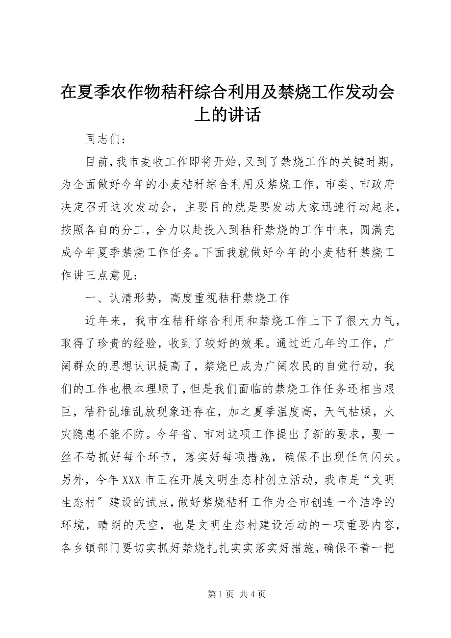 2023年在夏季农作物秸秆综合利用及禁烧工作动员会上的致辞.docx_第1页