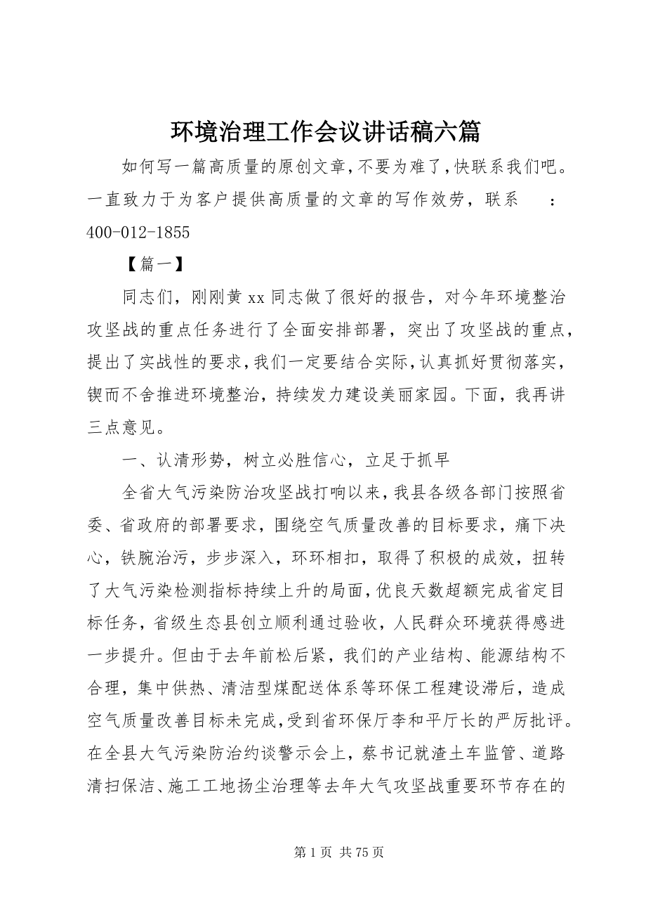 2023年环境治理工作会议致辞稿六篇.docx_第1页