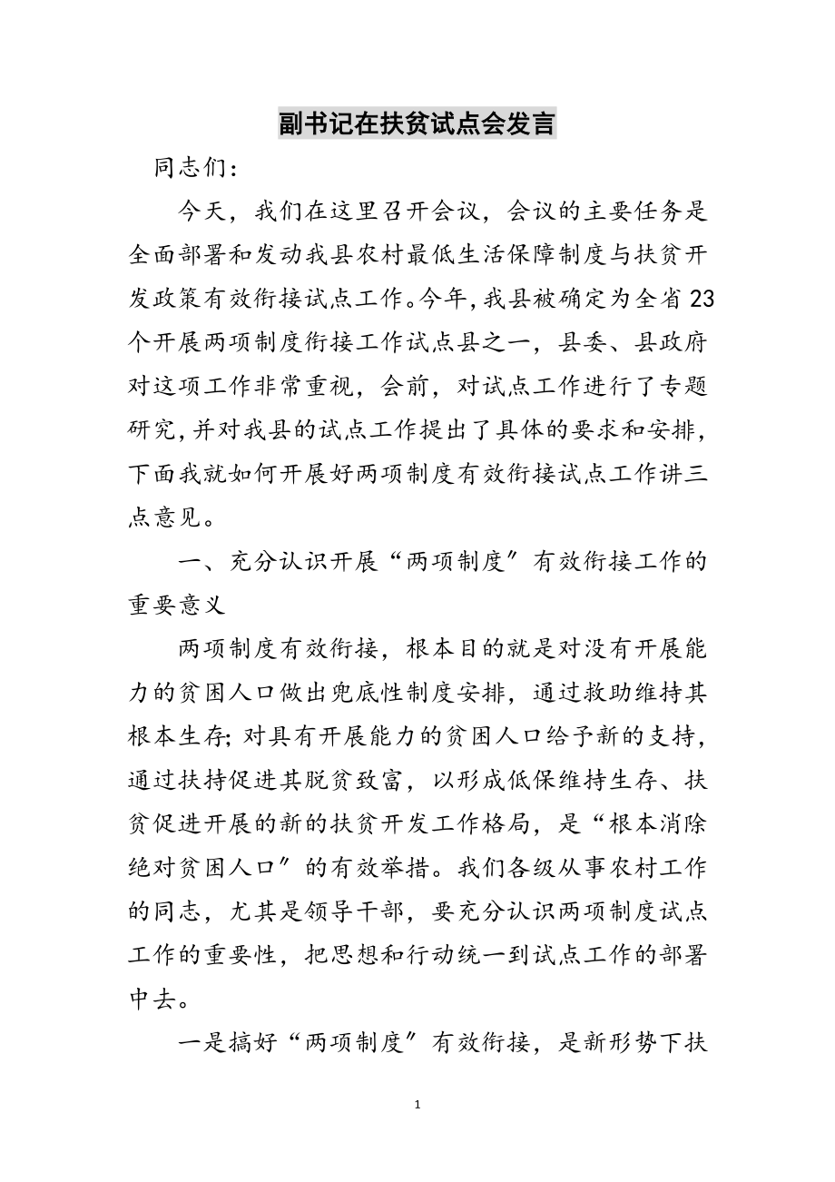 2023年副书记在扶贫试点会发言范文.doc_第1页