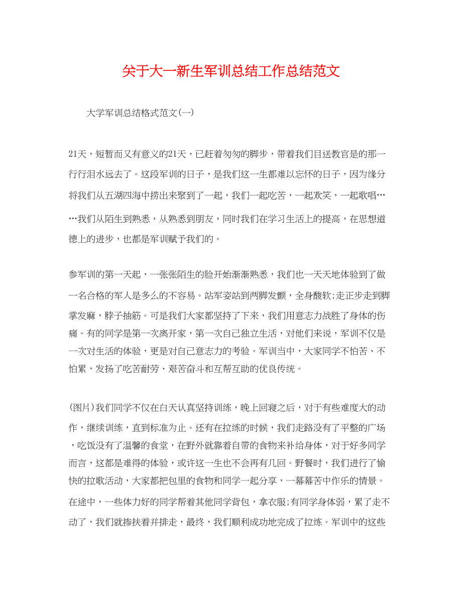 2023年关于大一新生军训总结工作总结.docx_第1页