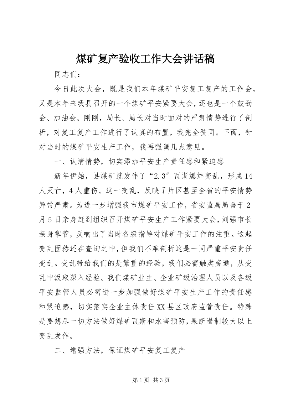 2023年煤矿复产验收工作大会致辞稿.docx_第1页