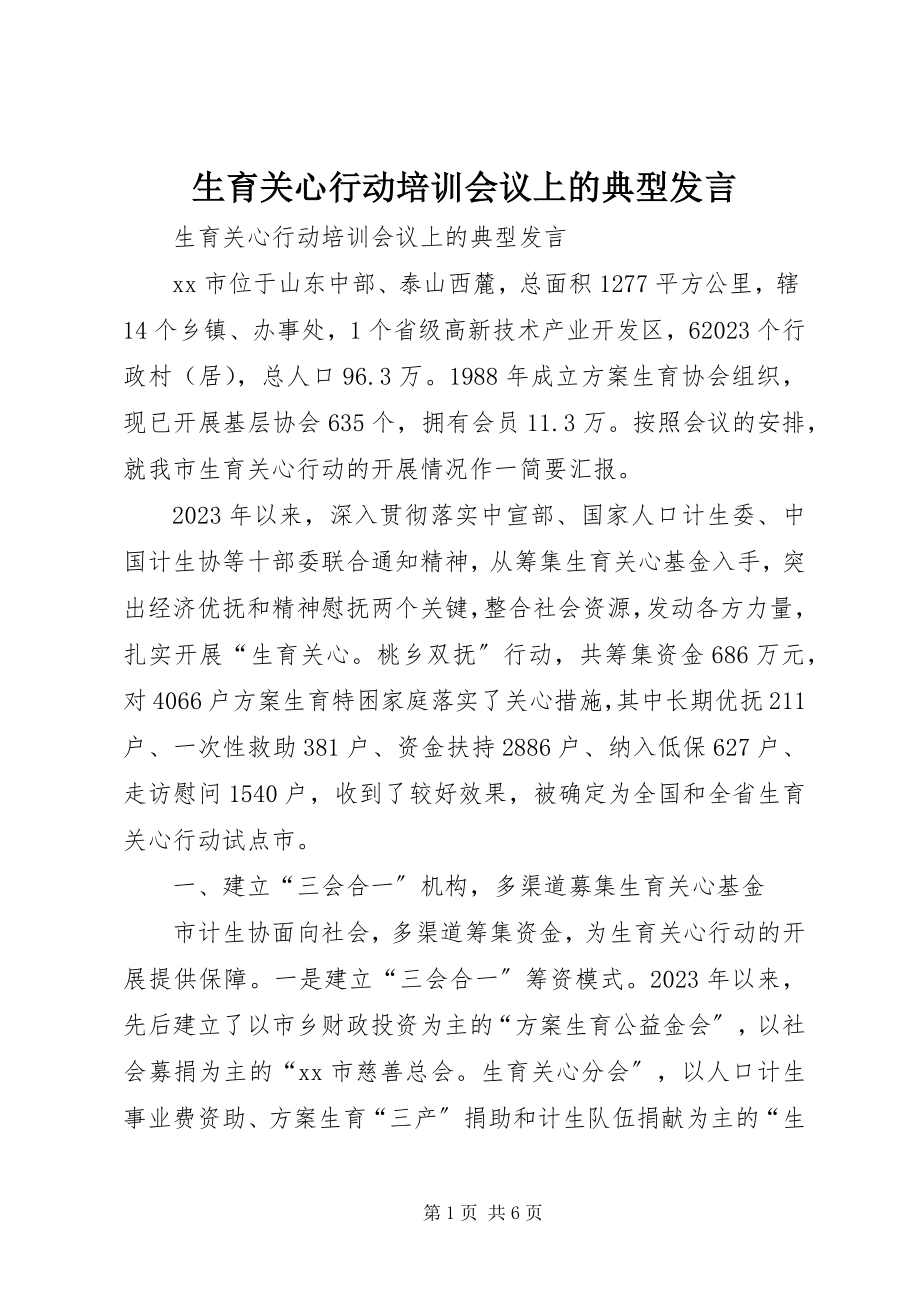 2023年生育关怀行动培训会议上的典型讲话.docx_第1页