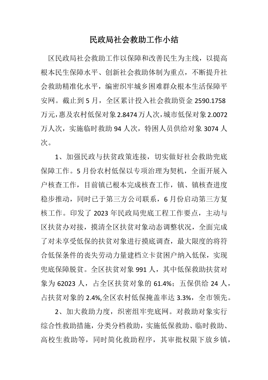 2023年民政局社会救助工作小结.docx_第1页