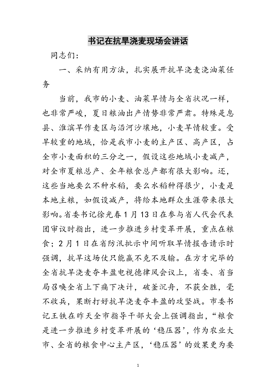 2023年书记在抗旱浇麦现场会讲话范文.doc_第1页