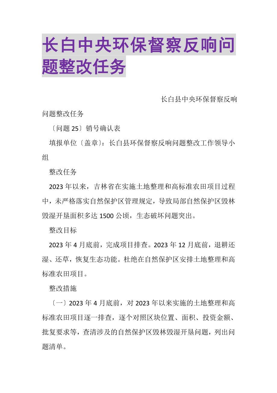 2023年长白中央环保督察反馈问题整改任务.doc_第1页