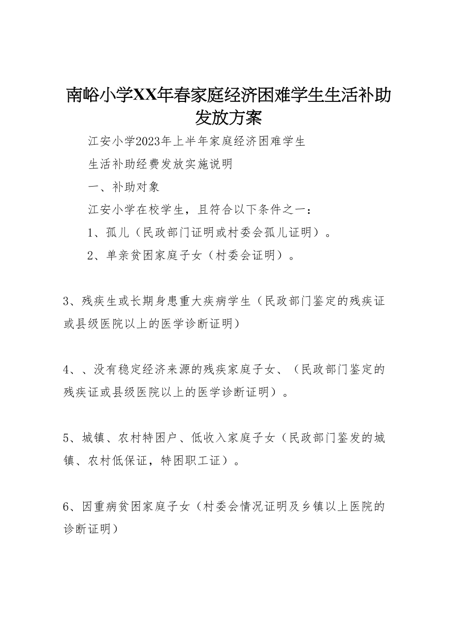 2023年南峪小学年春家庭经济困难学生生活补助发放方案.doc_第1页