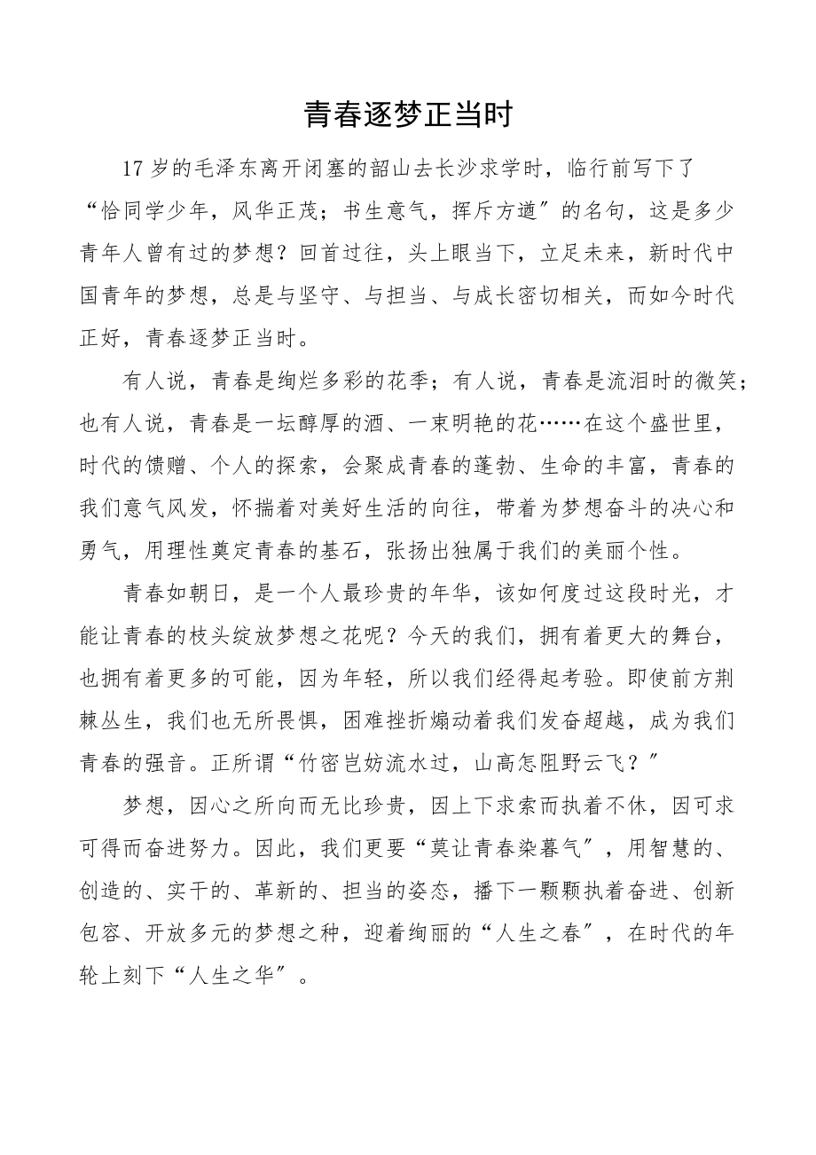 2023年青春逐梦正当时演讲稿心得体会新编范文.docx_第1页