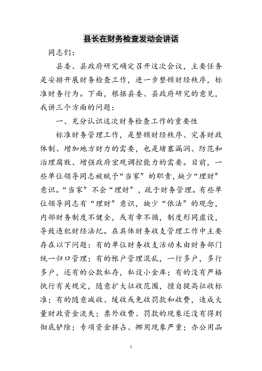 2023年县长在财务检查动员会讲话范文.doc_第1页