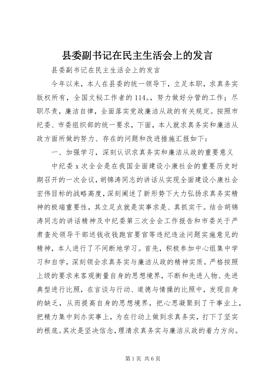 2023年县委副书记在民主生活会上的讲话.docx_第1页