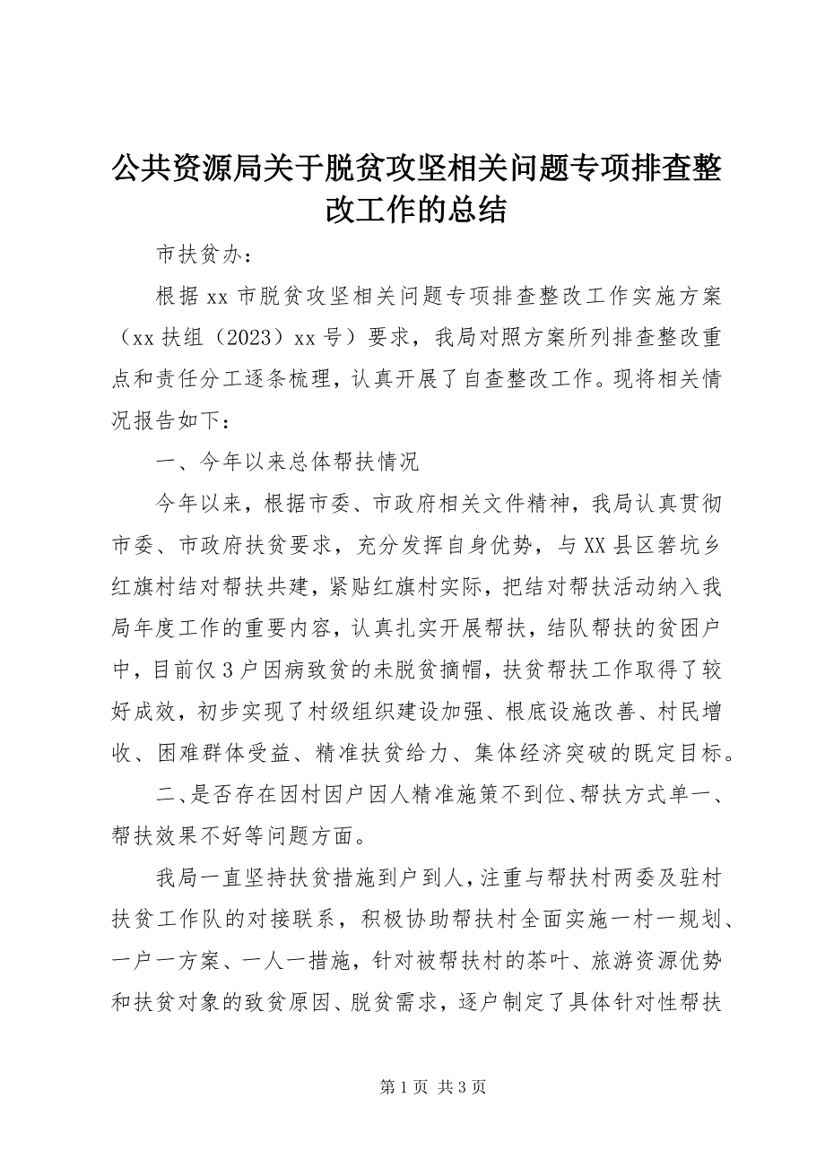 2023年公共资源局脱贫攻坚相关问题专项排查整改工作的总结.docx_第1页