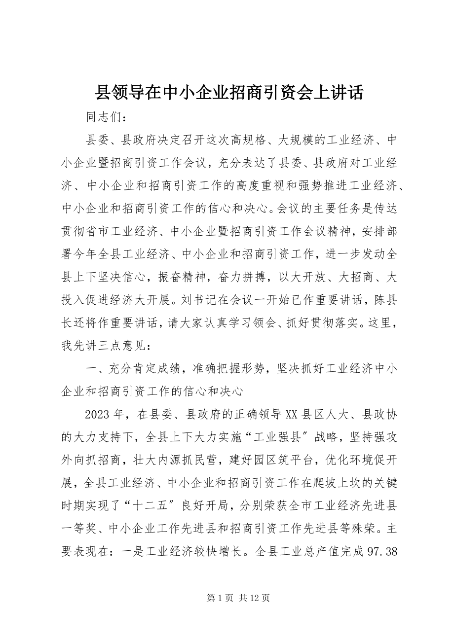 2023年县领导在中小企业招商引资会上致辞.docx_第1页