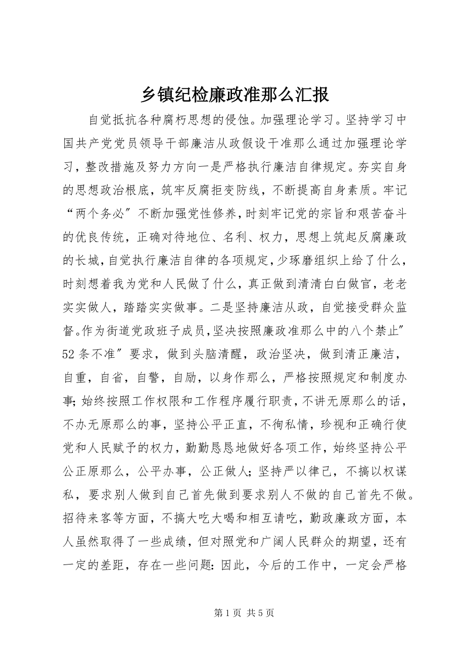 2023年乡镇纪检廉政准则汇报.docx_第1页