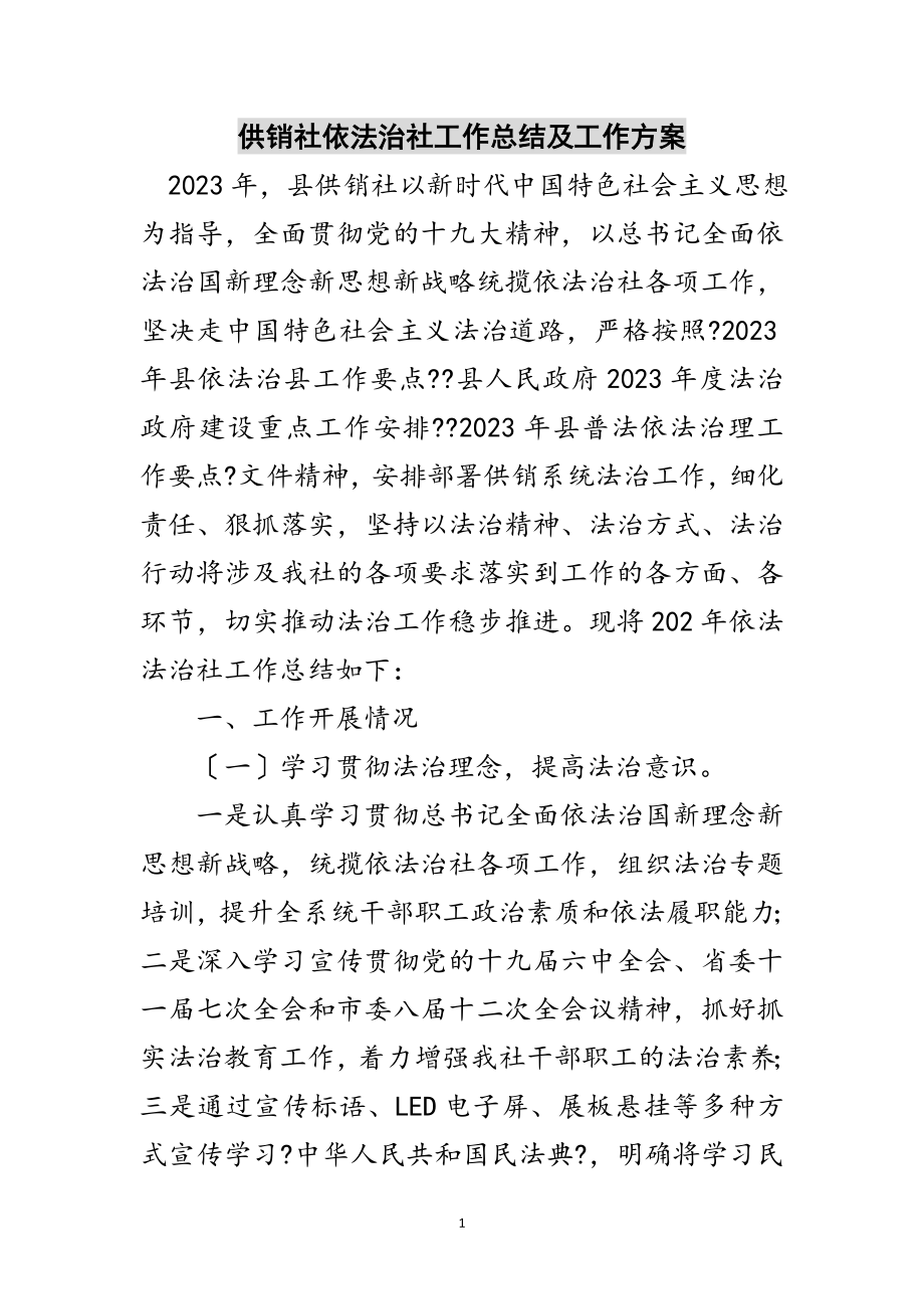 2023年供销社依法治社工作总结及工作计划范文.doc_第1页