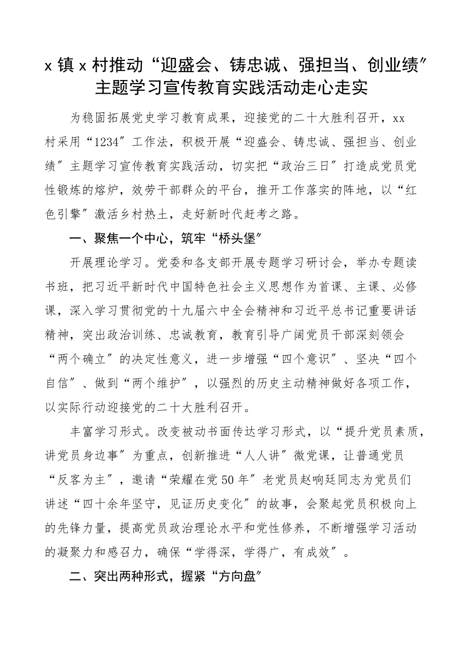 迎盛会铸忠诚强担当创业绩主题学习宣传教育实践活动工作经验材料4篇范文.docx_第1页