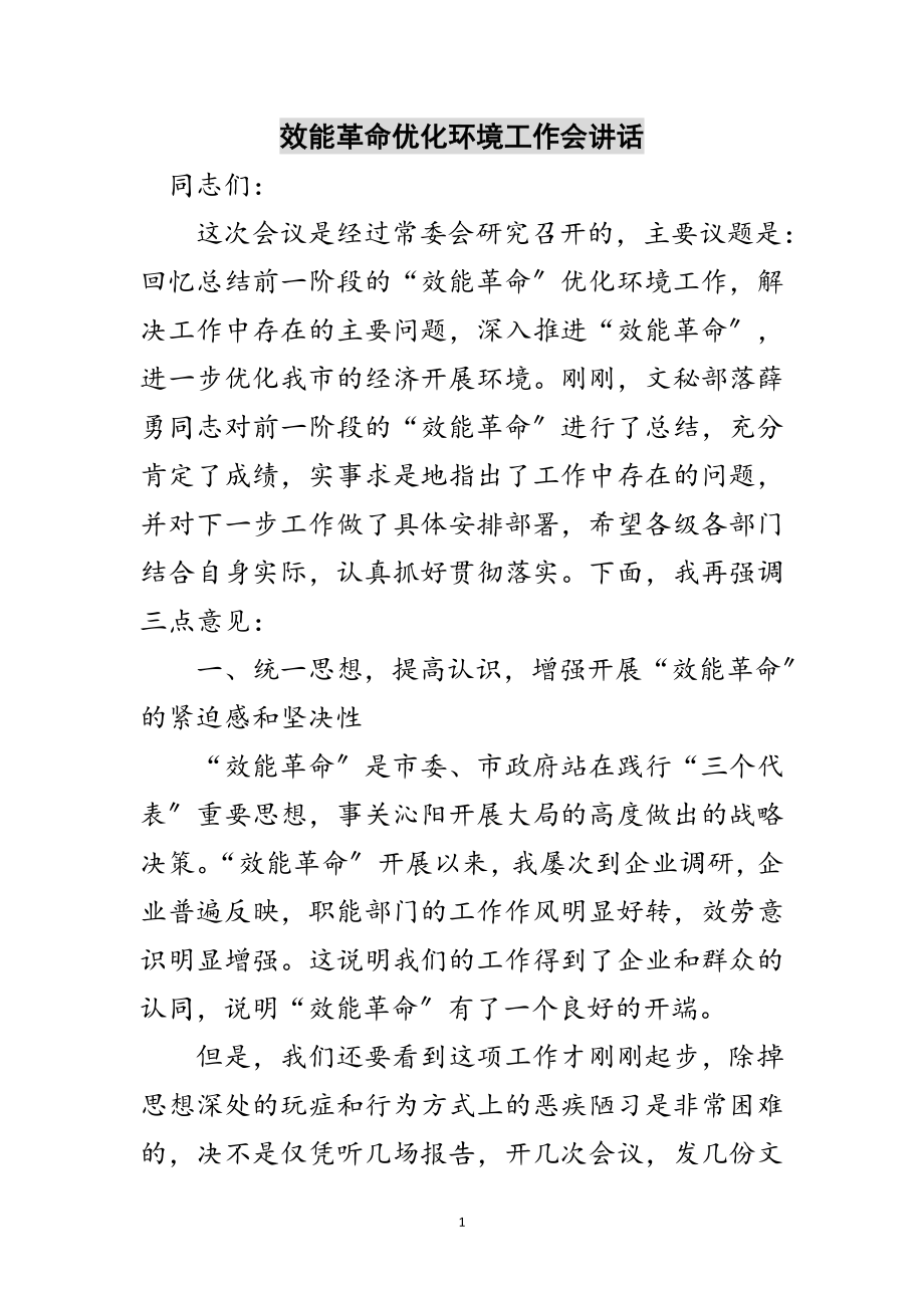 2023年效能革命优化环境工作会讲话范文.doc_第1页