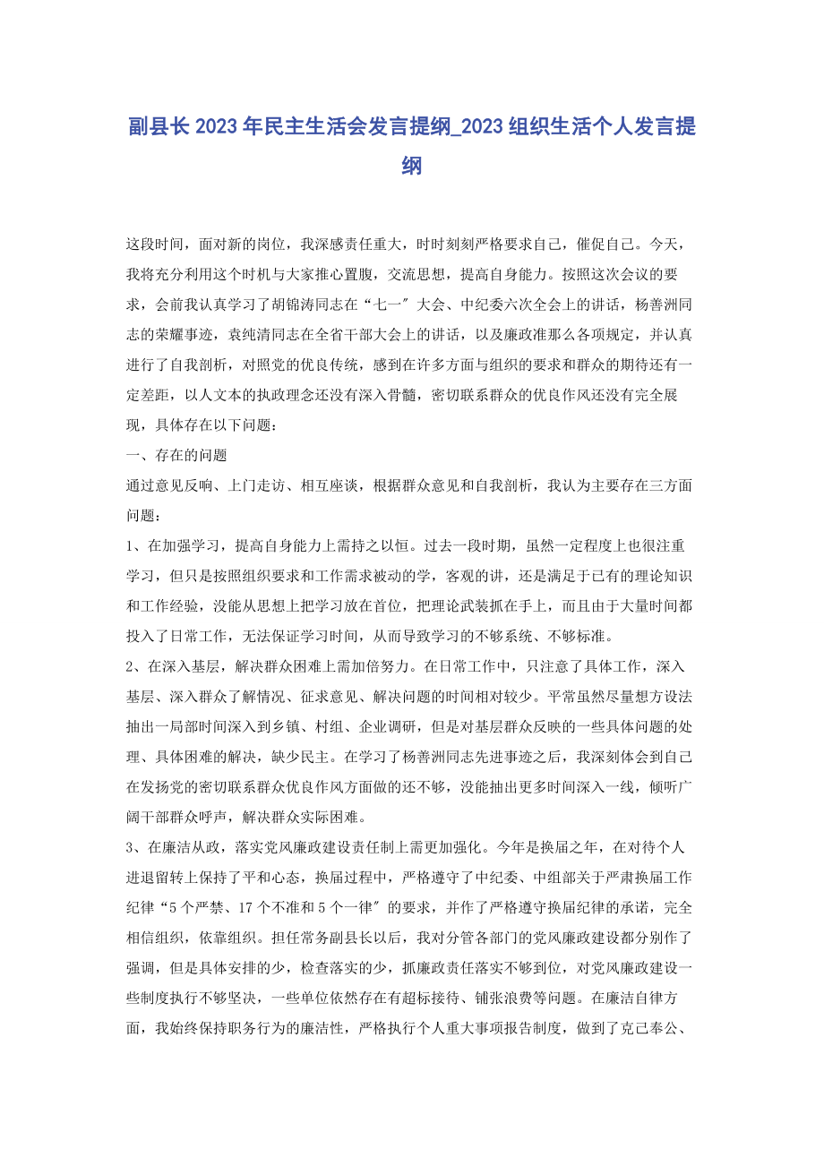 2023年副县长民主生活会发言提纲组织生活个人发言提纲.docx_第1页