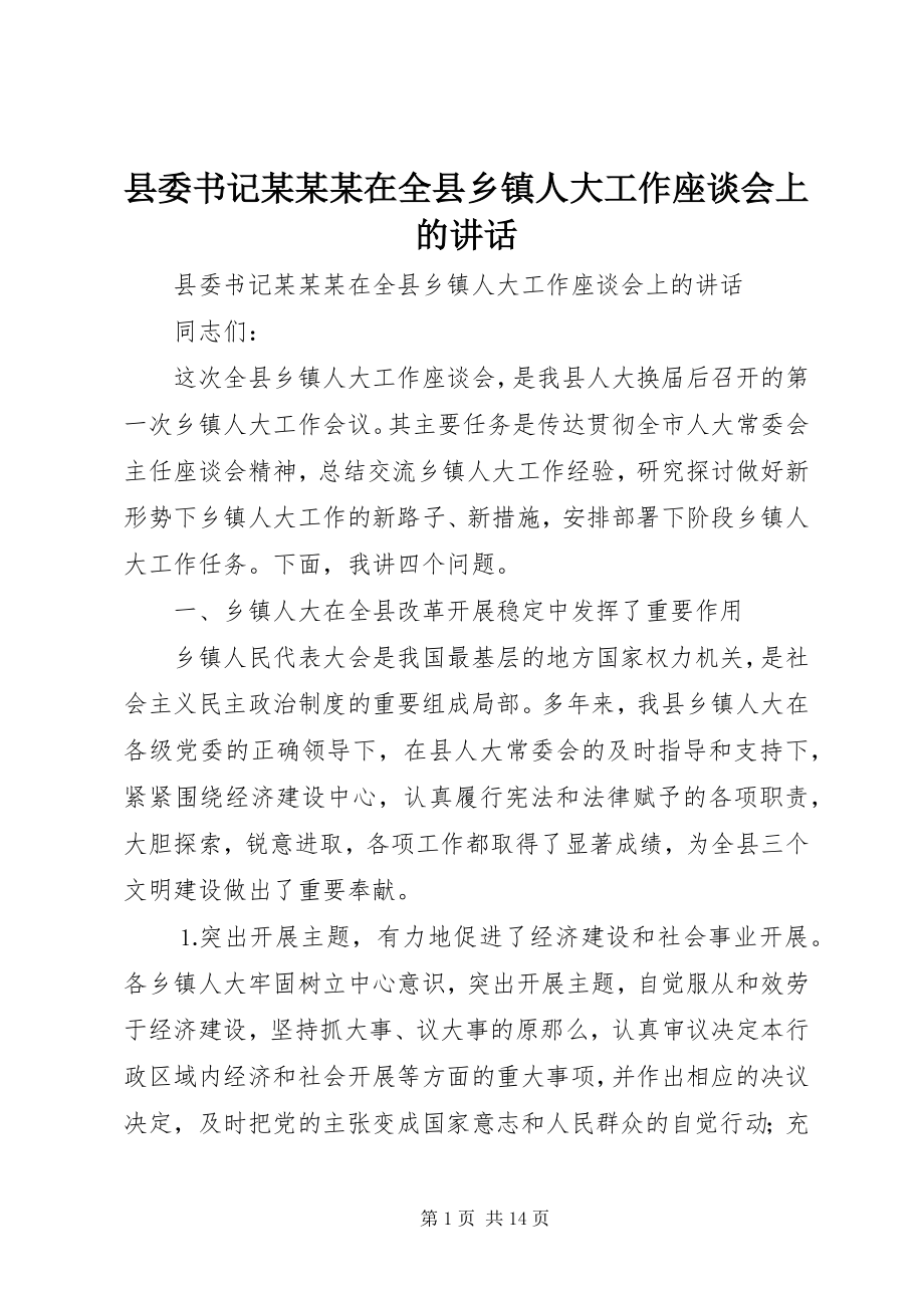 2023年县委书记某某某在全县乡镇人大工作座谈会上的致辞.docx_第1页