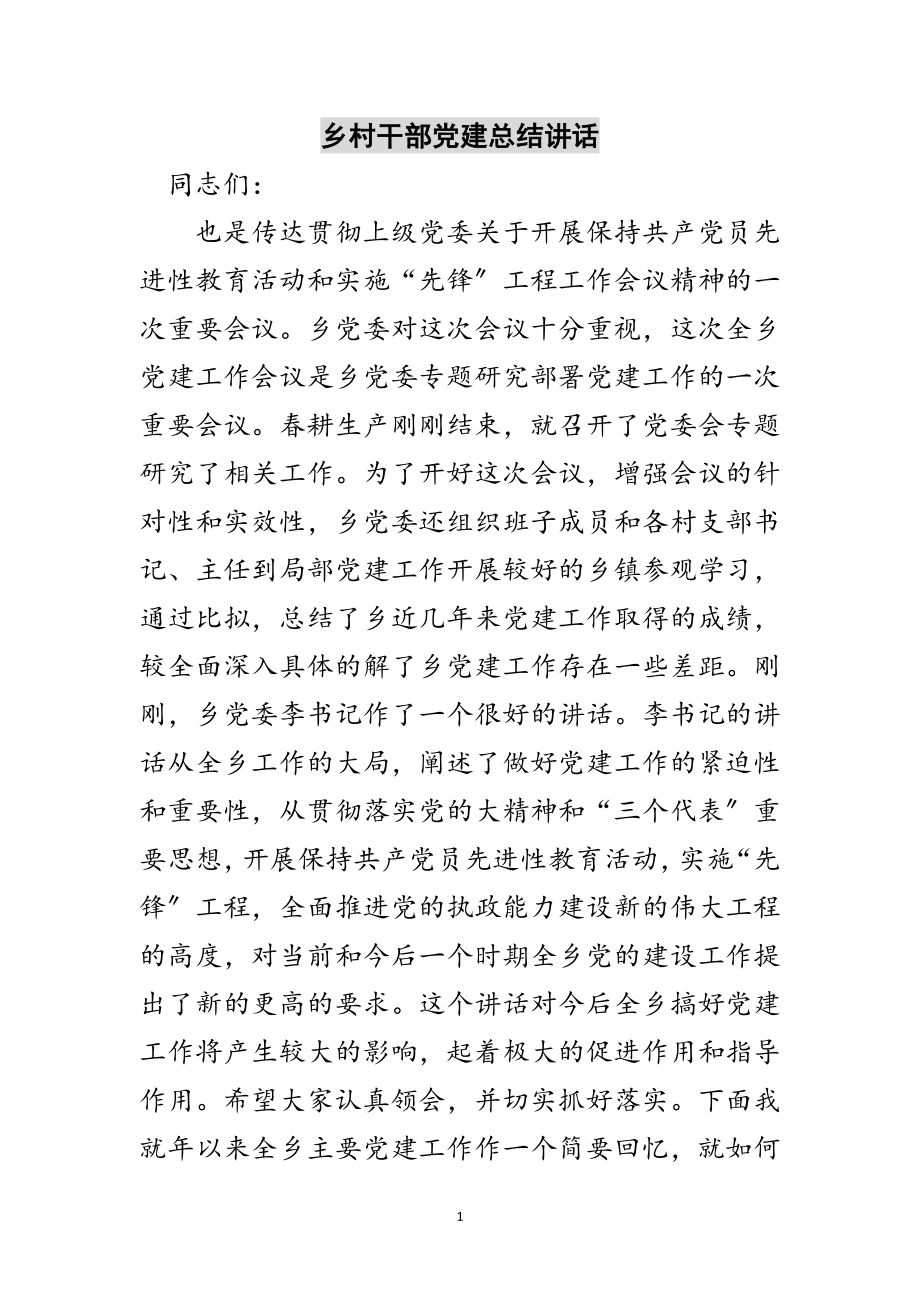 2023年乡村干部党建总结讲话范文.doc_第1页