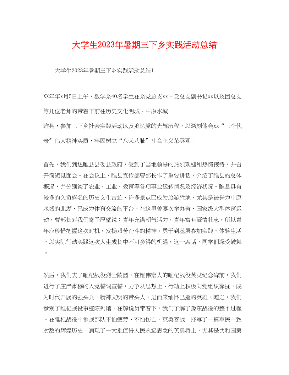 2023年大学生暑期三下乡实践活动总结.docx_第1页