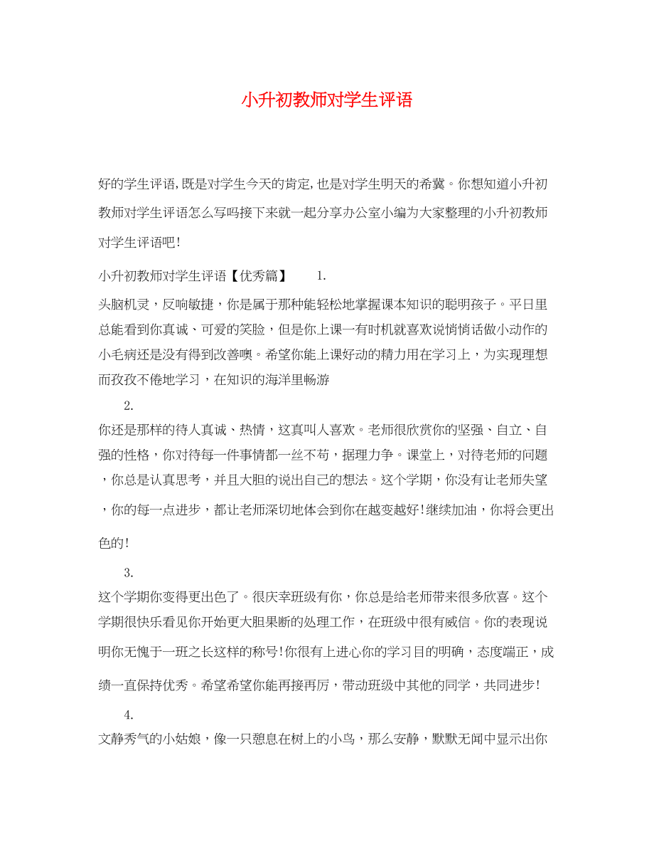 2023年小升初教师对学生评语.docx_第1页