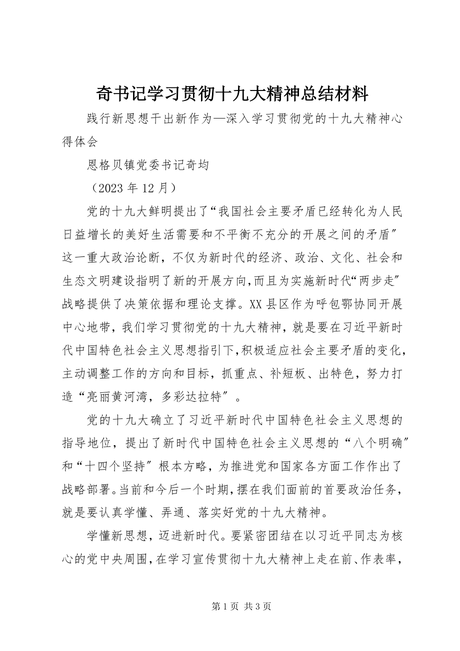 2023年奇书记学习贯彻十九大精神总结材料.docx_第1页