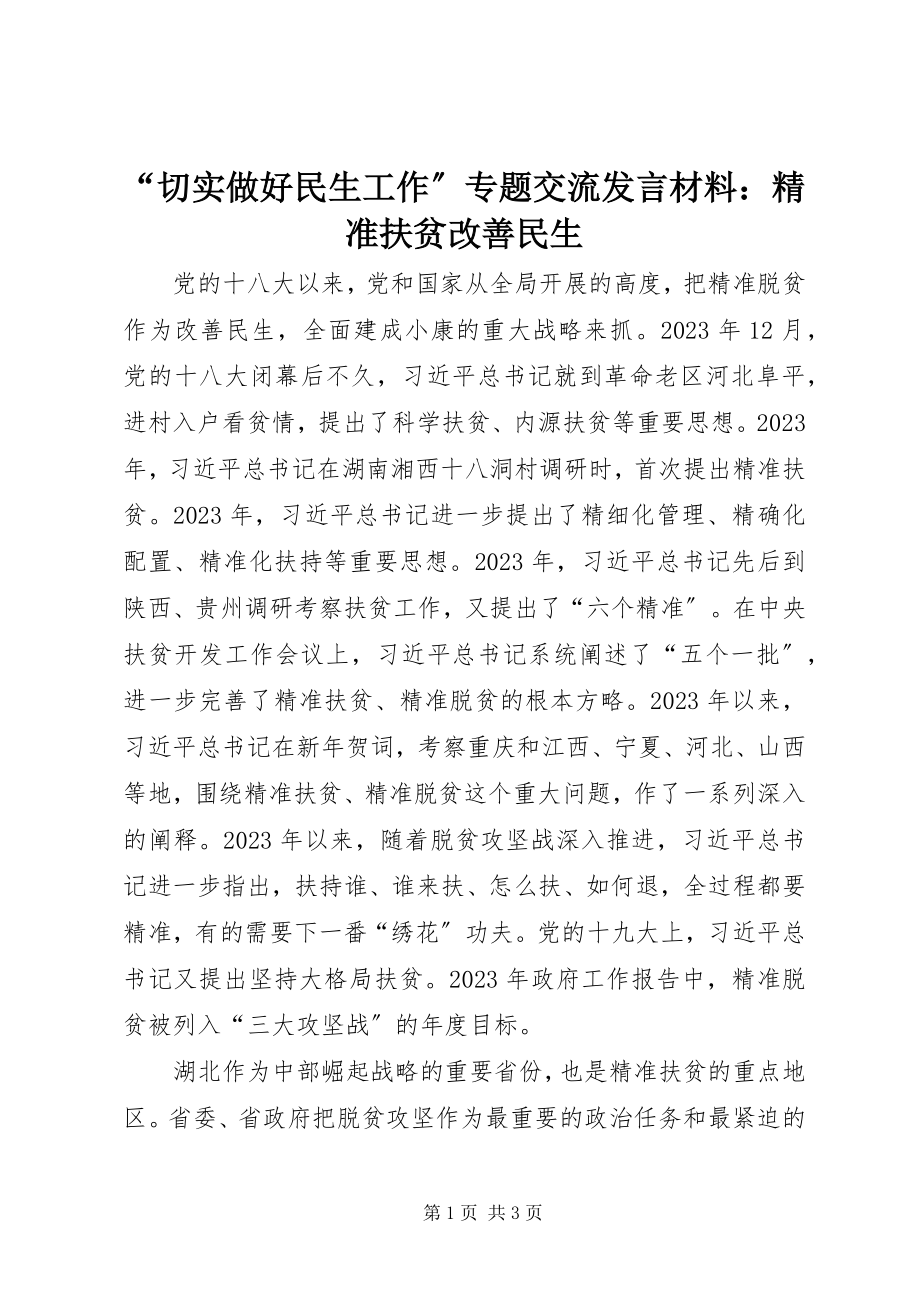 2023年切实做好民生工作专题交流讲话材料精准扶贫改善民生.docx_第1页